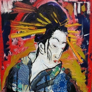 May include: A colorful painting of a woman with a traditional Japanese hairstyle. The woman is wearing a blue and white patterned kimono. The background is a mix of red, yellow, and black.