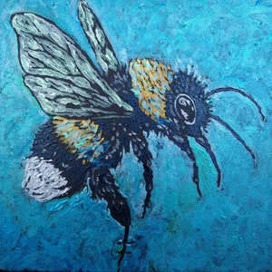 May include: A close-up painting of a bumblebee with black and yellow stripes, silver wings, and a blue background.