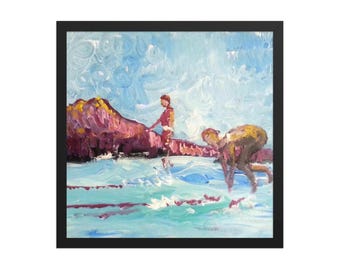 Hawaii Surfing Framed Poster, Coastal Beach House Decor