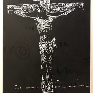 May include: A black and white painting of a person on a cross. The person is depicted in a stylized, abstract way, with intricate patterns and lines forming their body and the cross. The background is black, with some white dots scattered around.