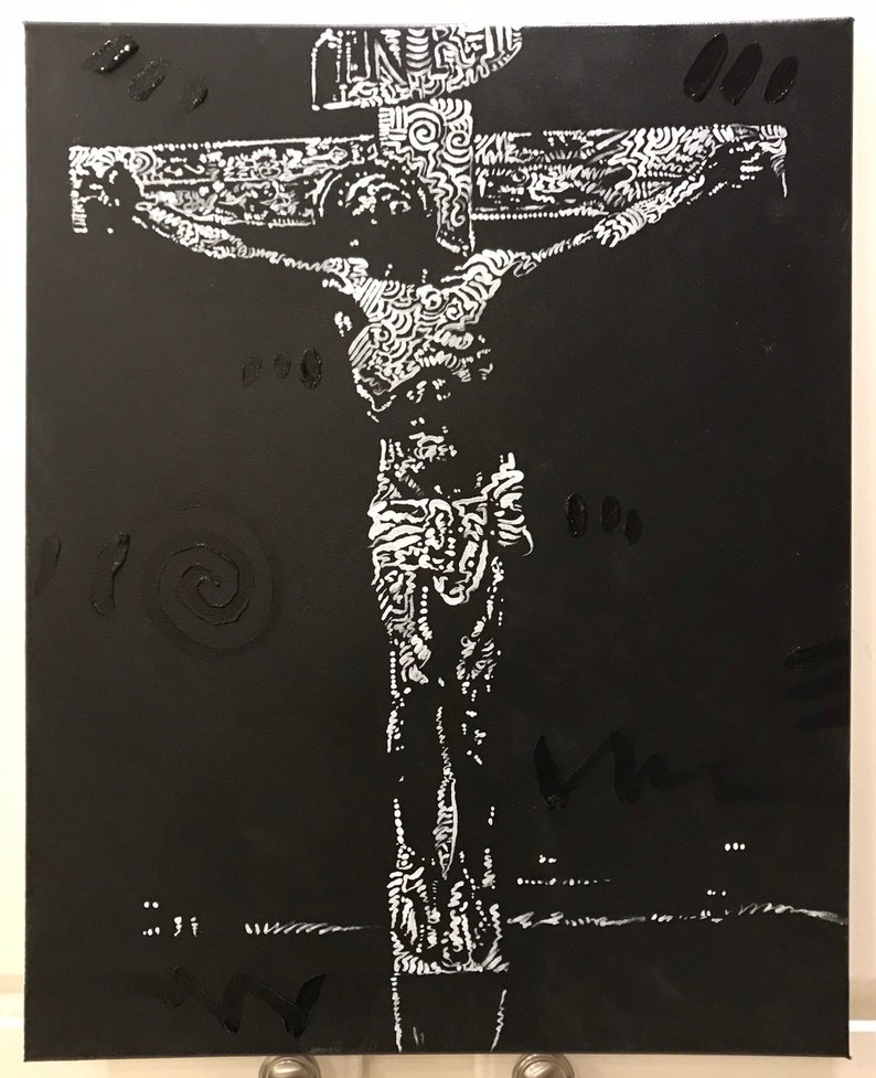 May include: A black and white painting of a person on a cross. The person is depicted in a stylized, abstract way, with intricate patterns and lines forming their body and the cross. The background is black, with some white dots scattered around.