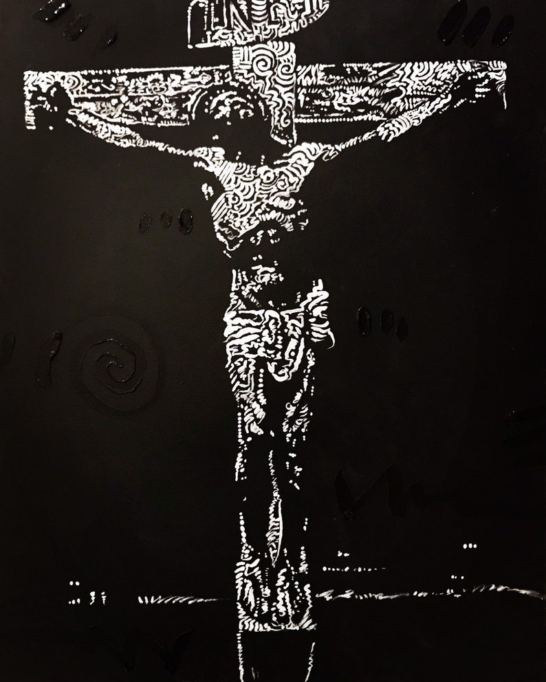 May include: A black and white illustration of a person on a cross. The image is stylized with intricate patterns and details.