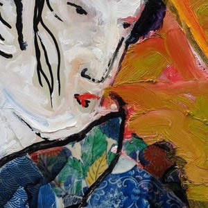 May include: A close-up of a painting of a woman's face with a white background and black lines. The woman is wearing a blue and white patterned kimono. The painting is done in a bold, expressive style.
