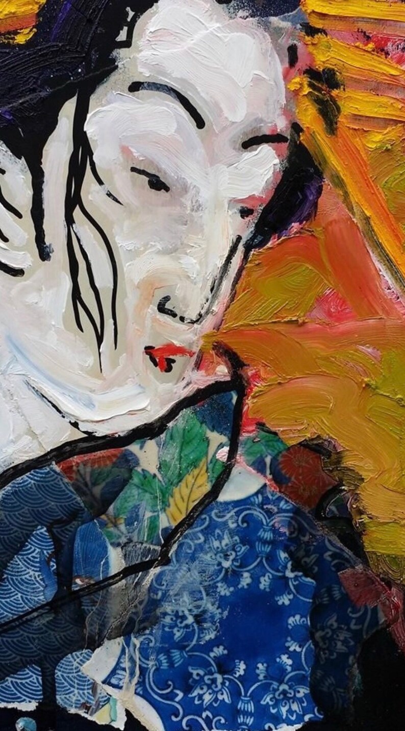 May include: A close-up of a painting of a woman's face with a white background and black lines. The woman is wearing a blue and white patterned kimono. The painting is done in a bold, expressive style.