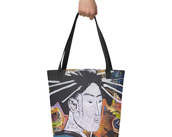 Blue Japanese Geisha Tote Bag, Japanese Art, Market Shopping Bags, School Book Bag, Gift for Mom Mother's Day Gift