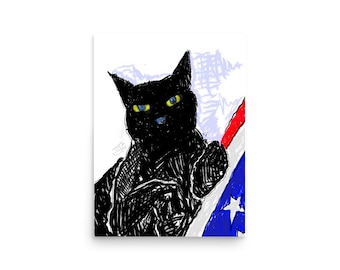 Art Print of Cute Black Cat with American Flag, Funny Black Cat Poster, Kids Room Decor, Gift for Her, Mothers Day Gift, Cat Lover