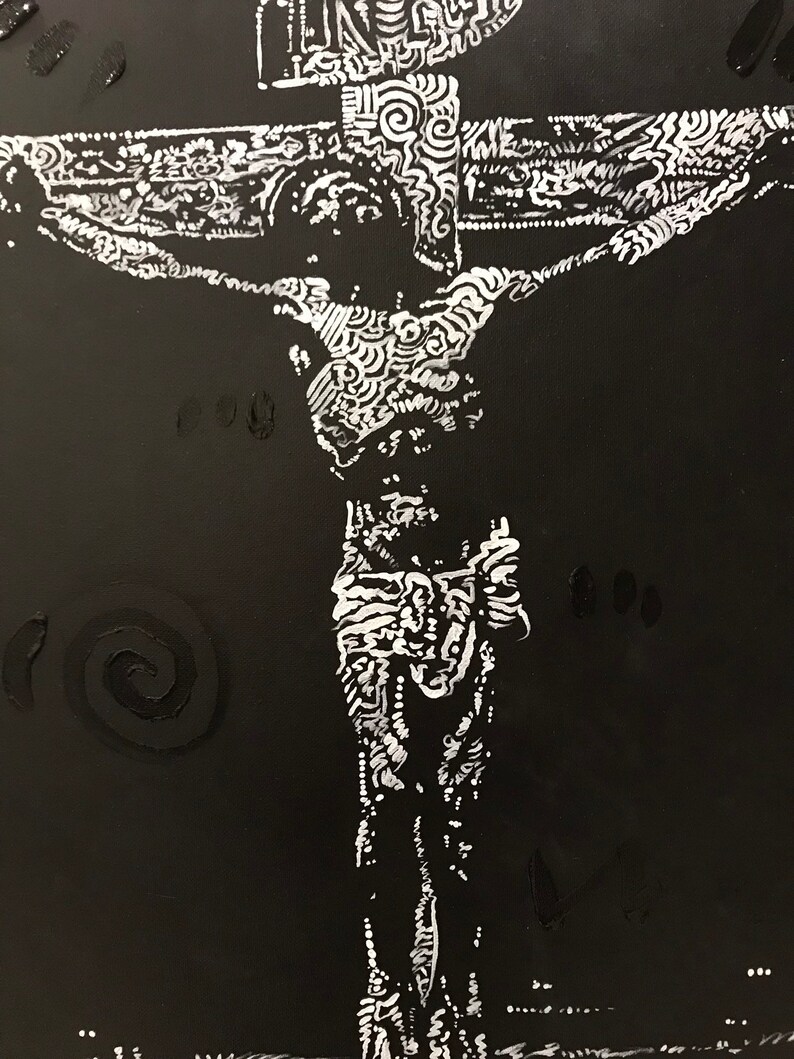 May include: A black and white painting of a person on a cross. The person is depicted with intricate details and patterns throughout the body and cross.