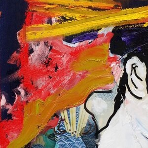 May include: Abstract painting with bold strokes of red, yellow, and black paint. The painting features a stylized human face with a blue and white patterned background.