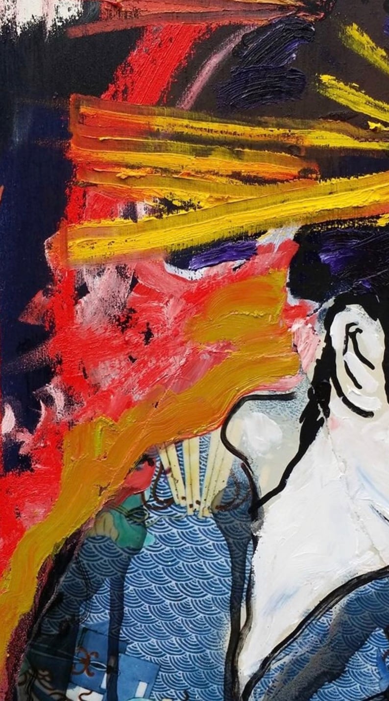 May include: Abstract painting with bold strokes of red, yellow, and black paint. The painting features a stylized human face with a blue and white patterned background.