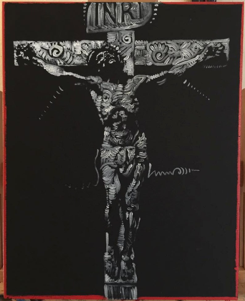 May include: A black and white painting of a person on a cross. The person is depicted in a stylized, abstract manner, with details of the body and cross rendered in white paint. The background is black.