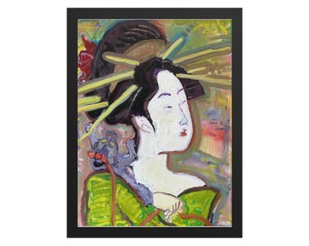 Geisha with Kitten Art Print Framed Wall Art, Geisha Poster, Japanese Art Prints, Asian Wall Art with Frame, Bathroom Wall Decor
