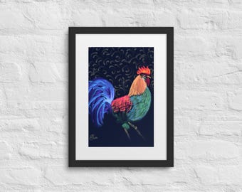 Vibrant Rooster Framed Art Print, Rooster Poster, Rustic Farmhouse Kitchen Home Decor, Dark Wall Art, Mothers Day Gift