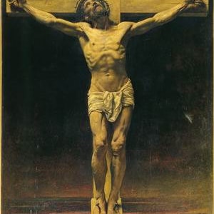 May include: A painting depicting a man on a wooden cross with the inscription "INRI" above. The man is nude except for a white cloth around his waist. The background is dark and the painting is done in a realistic style.