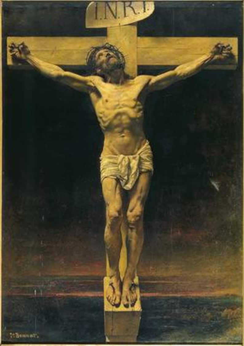 May include: A painting depicting a man on a wooden cross with the inscription "INRI" above. The man is nude except for a white cloth around his waist. The background is dark and the painting is done in a realistic style.