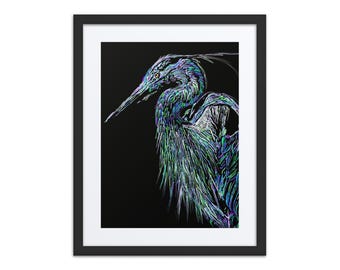 Great Blue Heron Framed Art Print with Mat, Large Bird Art, Nature Wall Art, Entry Bathroom Decor, Gift for Mom, Mothers Day Gift