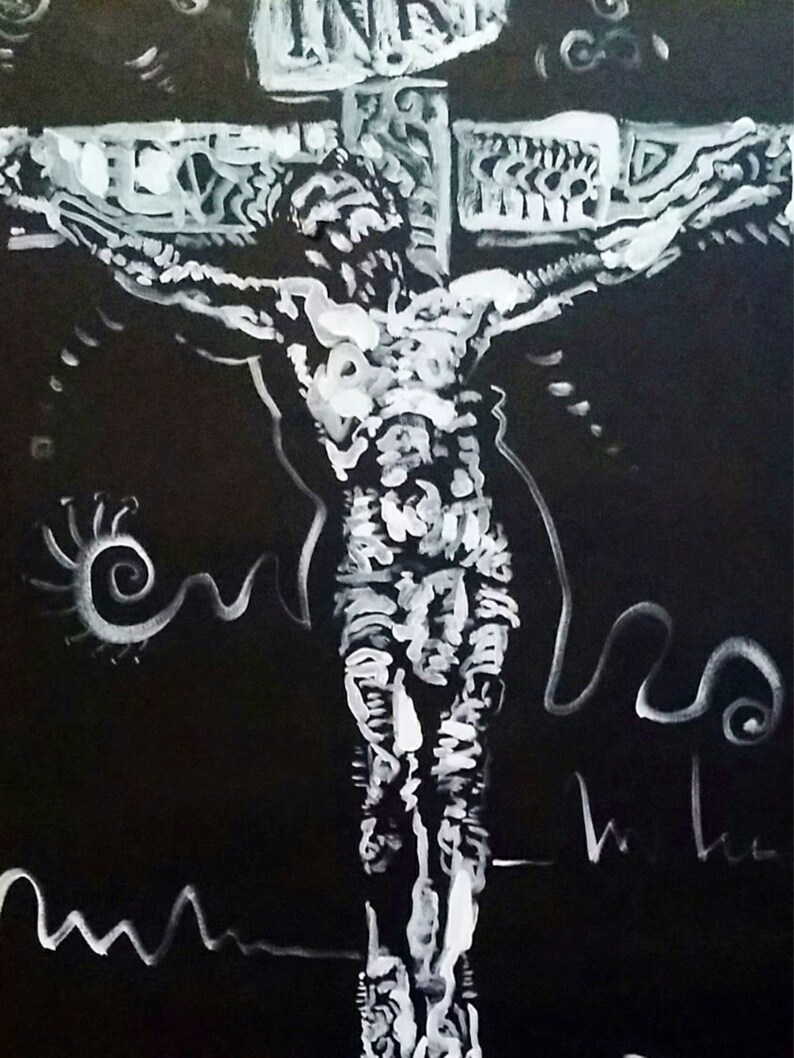 May include: A black and white painting of a person on a cross. The painting is done in a stylized, abstract style. The person's body is outlined in white, and the cross is also white. The background is black.