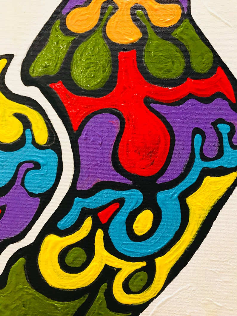 Puede incluir: Pintura abstracta con formas audaces y coloridas. La obra presenta un fondo blanco con contornos negros que definen formas en rojo, amarillo, azul, verde, naranja y morado. La pintura tiene una apariencia texturizada.