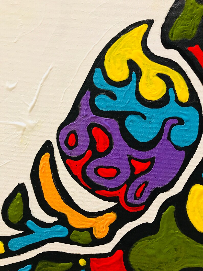 Puede incluir: Pintura abstracta con una vista de cerca de formas coloridas. La obra presenta una combinaci&oacute;n de colores vibrantes, incluyendo amarillo, azul, morado, naranja y verde, delineados en negro sobre un fondo blanco. La pintura tiene una superficie texturizada.