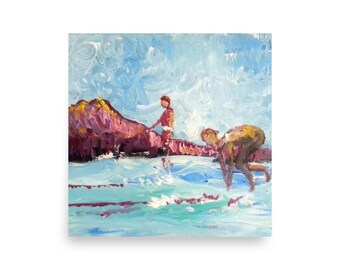 May include: A painting of two people on a beach. One person is standing on a pink rock and the other is diving into the water. The sky is blue with white clouds.