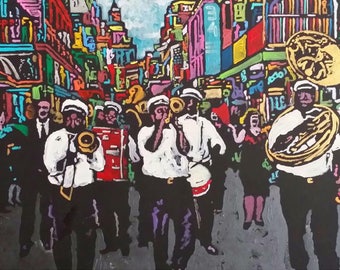 New Orleans Art Louisiana Art French Quarter Bourbon Street NOLA Treme Brass Band Painting by Matt Pecson MADE to ORDER