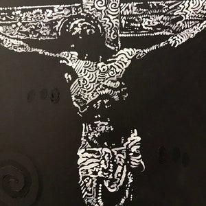 May include: A black and white painting of a person on a cross. The person is depicted in a stylized, abstract way, with their body made up of swirling lines and patterns.