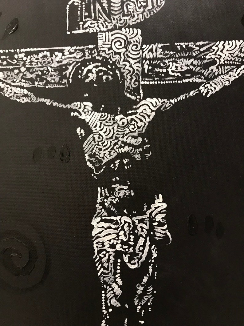 May include: A black and white painting of a person on a cross. The person is depicted in a stylized, abstract way, with their body made up of swirling lines and patterns.