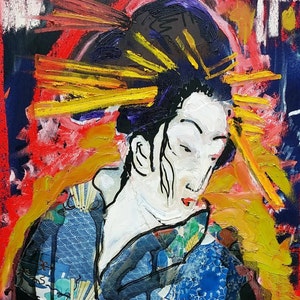 May include: A colorful painting of a woman with a large, yellow, sun-like headdress. The woman is wearing a blue and white patterned kimono. The background is a mix of red, yellow, and black.