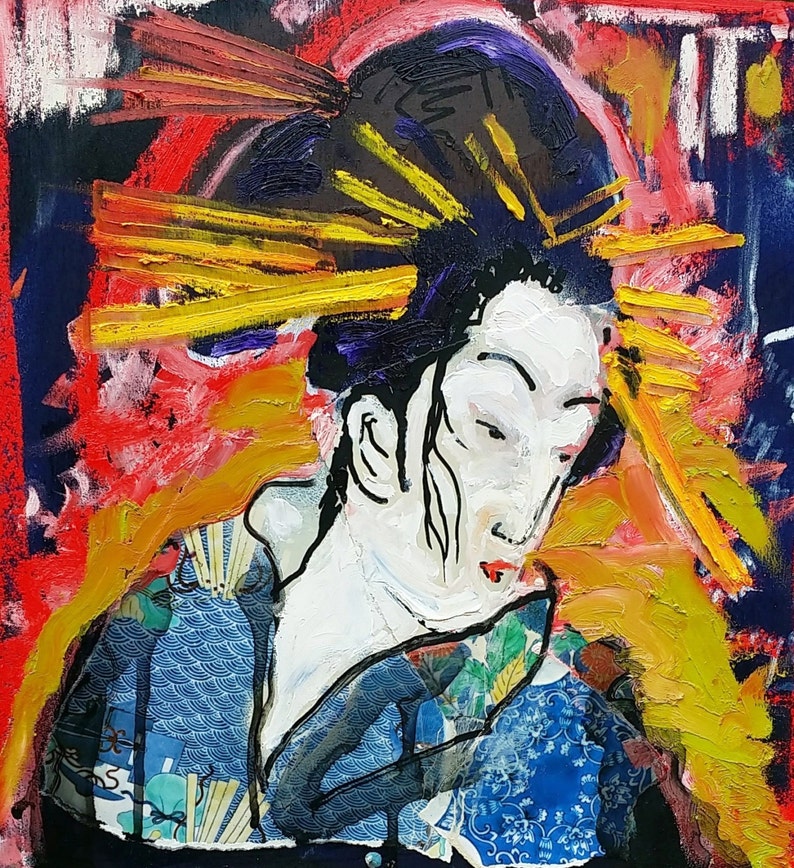 May include: A colorful painting of a woman with a large, yellow, sun-like headdress. The woman is wearing a blue and white patterned kimono. The background is a mix of red, yellow, and black.
