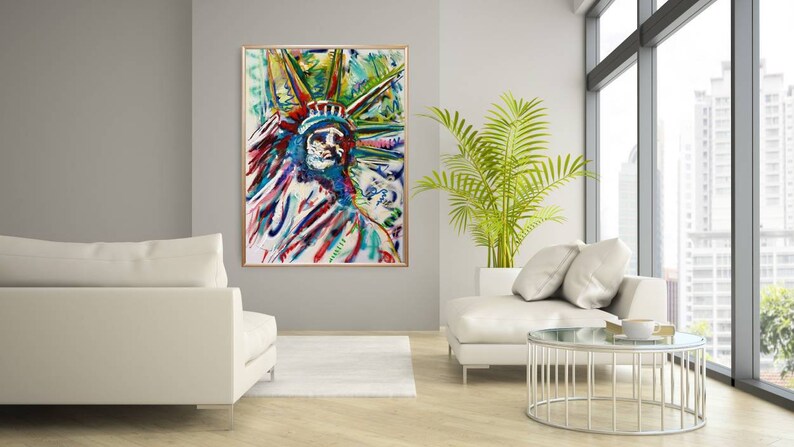 Puede incluir: Pintura abstracta de la Estatua de la Libertad en un estilo colorido con salpicaduras de pintura roja, azul, verde y amarilla.