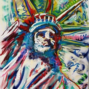 Puede incluir: Una pintura abstracta de la Estatua de la Libertad en una mezcla vibrante de colores, incluyendo rojo, azul, verde, amarillo y blanco. La pintura est&aacute; realizada en un estilo audaz y expresivo, con pinceladas gruesas y una sensaci&oacute;n de movimiento.