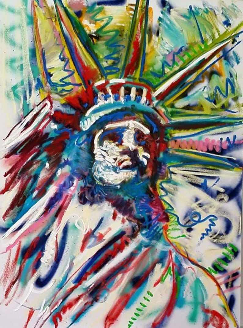 Puede incluir: Una pintura abstracta de la Estatua de la Libertad en una mezcla vibrante de colores, incluyendo rojo, azul, verde, amarillo y blanco. La pintura est&aacute; realizada en un estilo audaz y expresivo, con pinceladas gruesas y una sensaci&oacute;n de movimiento.