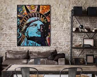 May include: A colorful, abstract painting of the Statue of Liberty. The painting is done in a style that is reminiscent of pop art. The Statue of Liberty is depicted in a close-up, with her face and crown visible. The colors are bright and bold, and the overall effect is one of energy and excitement.