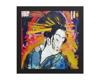 Japanese Art Geisha Painting Art Prints Framed Wall Art by Matt Pecson, Asian Decor, Mixed Media Art, Small Square Print, Best Selling Items