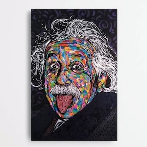 May include: A colorful portrait of Albert Einstein with his tongue sticking out. The background is black with white swirls. The portrait is painted in a vibrant style with many colors.