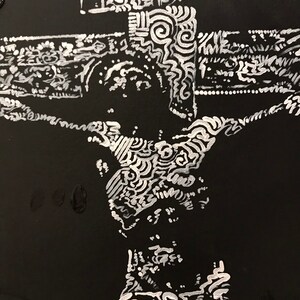 May include: A black and white abstract painting with intricate patterns and swirls. The painting is done in a style reminiscent of a doodle or sketch.