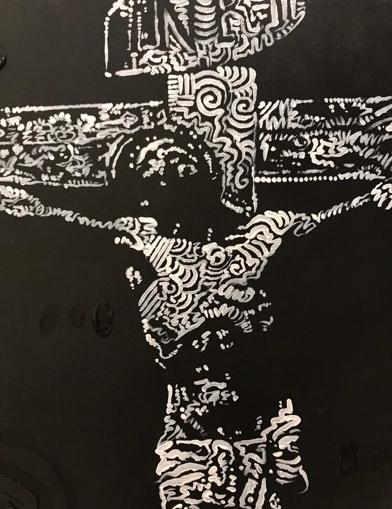 May include: A black and white abstract painting with intricate patterns and swirls. The painting is done in a style reminiscent of a doodle or sketch.
