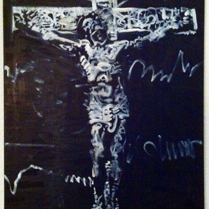 May include: A white painted image of a person on a cross against a black background. The image is abstract and the person's body is made up of white lines and shapes.