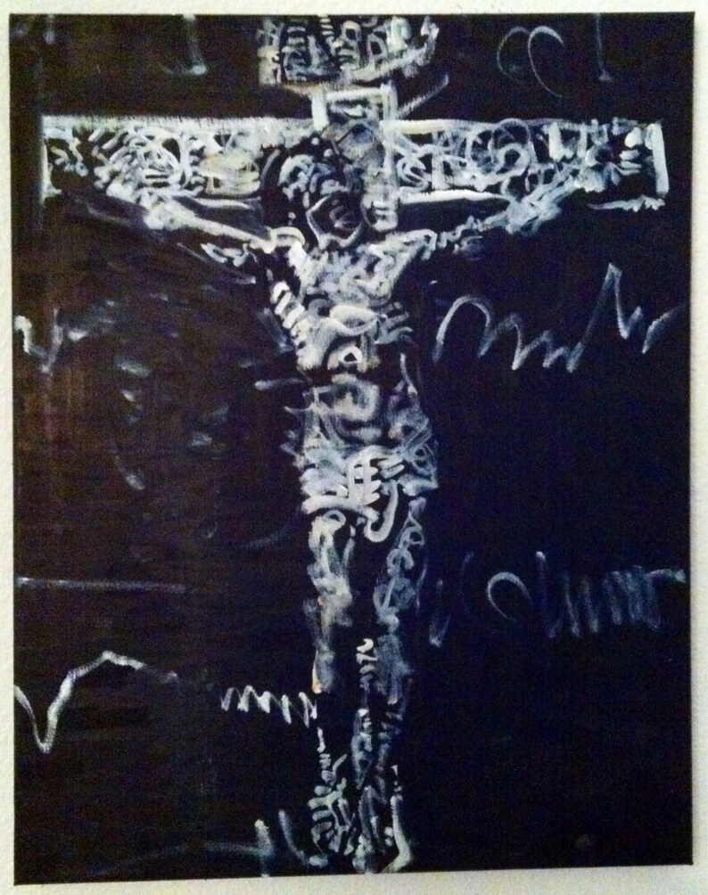 May include: A white painted image of a person on a cross against a black background. The image is abstract and the person's body is made up of white lines and shapes.