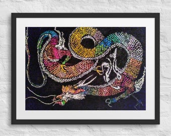Lucky Rainbow Dragon Framed Poster, Asian Art, Japanese Art, Fantasy Magical Art from Painting, Office Decor, Gift for Him