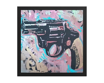 Revolver Gun Art Print Framed Wall Art from Painting, Firearm Handgun Poster, Home Office Decor