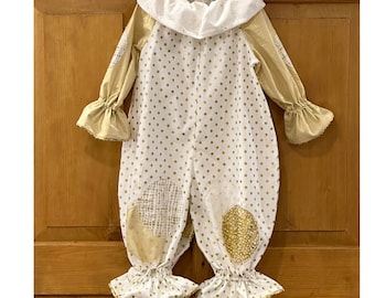 18 -24 months Clown Jumpsuit in white and metallic gold - ready to ship