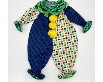 2T/3T Ready to Ship Clown Costume in Navy, Blue, Green, Yellow, optional pom poms