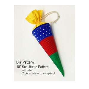 May include: DIY pattern for an 18-inch Schultuete, a traditional German cone-shaped treat bag. The pattern includes a ruffle and an optional 3-piece exterior cone.
