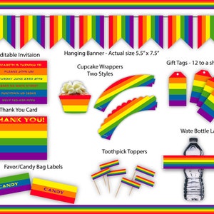 Rainbow Printable Instant Download Birthday Party Kit with Editable Invitation.