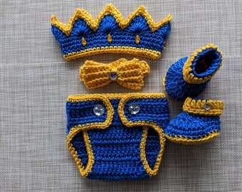 Ensemble bébé roi au crochet : couronne, couvre-couche, noeud papillon, chaussons, ensemble royal, ensemble prince, cadeau de baby shower, photo de nouveau-né, tenue de roi nouveau-né