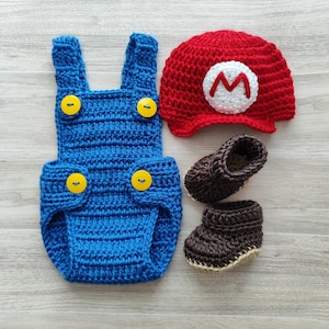 Mario-Luigi-Wario-Waluigi Baby Boy Set: Hat, Romper, Booties, Super Bros, Baby Shower Gift, Photo Prop