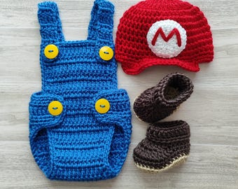 Mario-Luigi-Wario-Waluigi Baby Boy Set: Hat, Romper, Booties, Super Bros, Baby Shower Gift, Photo Prop