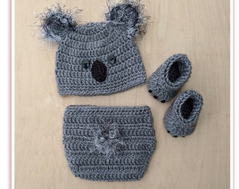 Crochet Koala baby set: Hat, Diaper cover with tail, Booties, Set for boy and girl, Baby shower gift, Newborn outfit, Photo prop