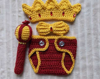 Crochet King baby set: Crown, Diaper cover, Bow Tie, Booties, Scepter, Royal set, Prince set, Baby shower gift, Photo prop, King outfit