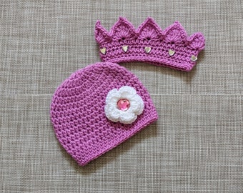 Hat and Crown baby girl set, Crochet set, Baby shower gift, Newborn photo prop, Gift for newborn baby girl, Crown with rhonestones